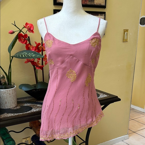 Charlotte Russe Tops - Y2K 90’s🚫SOLD🚫Bead Sequins Pink Lace Fairy core Asymmetrical Hem Camisole Large